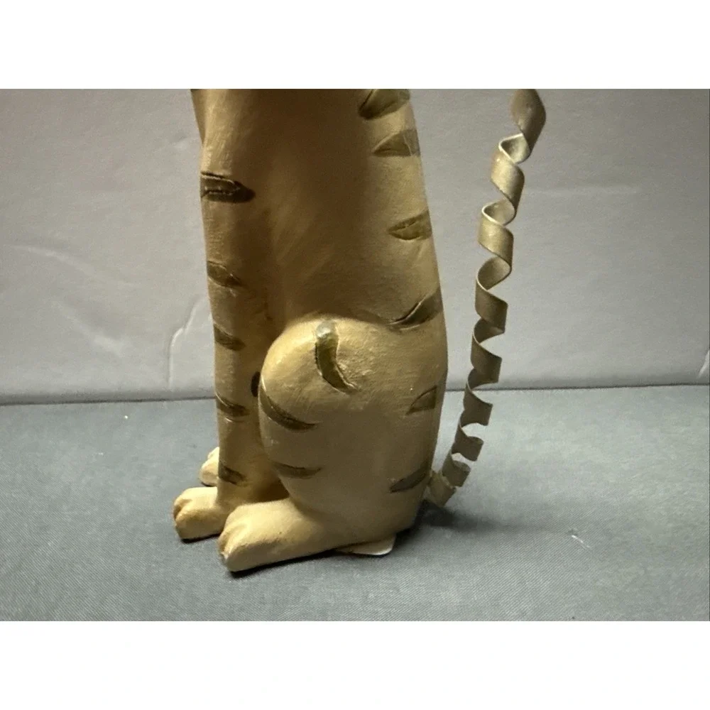 Folk Art Striped Tabby Cat Figurine 6 In Blue Bow Spring Metal Tail